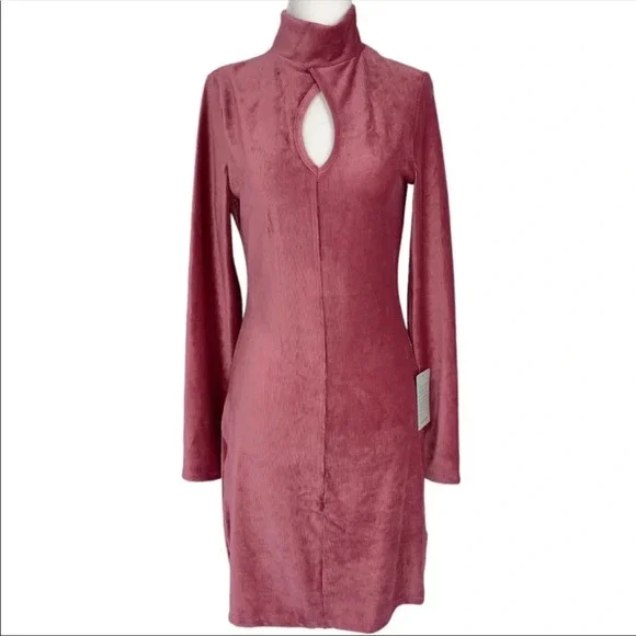 Dual Nature Keyhole Rib Velour Dress Mock Neck Long Sleeve Mini Mauve XS - Picture 2 of 5